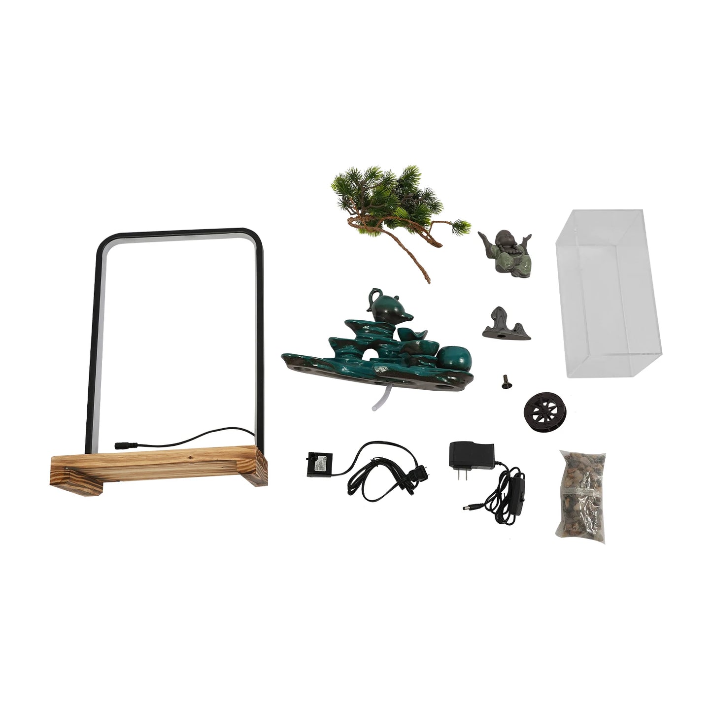 Ceramic Tabletop Water Fountains Decorations Green Welcome Pine Fish Tank Flowing Water Ornaments with LED Light