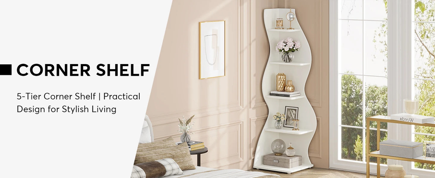 Tribesigns Corner Shelf, Modern 5-Tier Wall Corner Bookshelf, Stylish Corner Small Bookcase Storage Rack Plant Stand