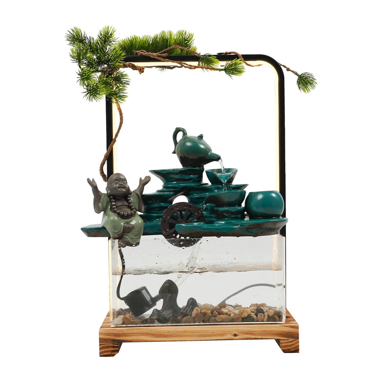 Ceramic Tabletop Water Fountains Decorations Green Welcome Pine Fish Tank Flowing Water Ornaments with LED Light