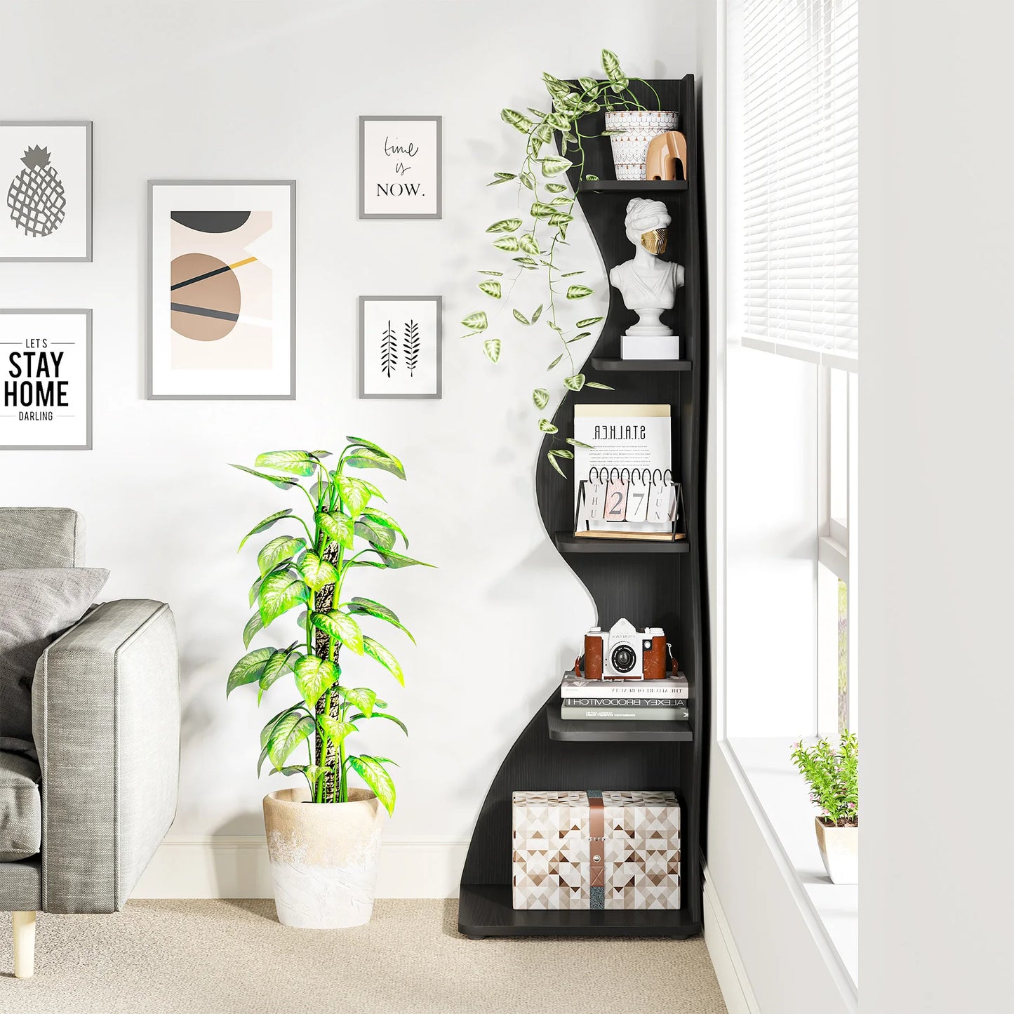 Tribesigns Corner Shelf, Modern 5-Tier Wall Corner Bookshelf, Stylish Corner Small Bookcase Storage Rack Plant Stand