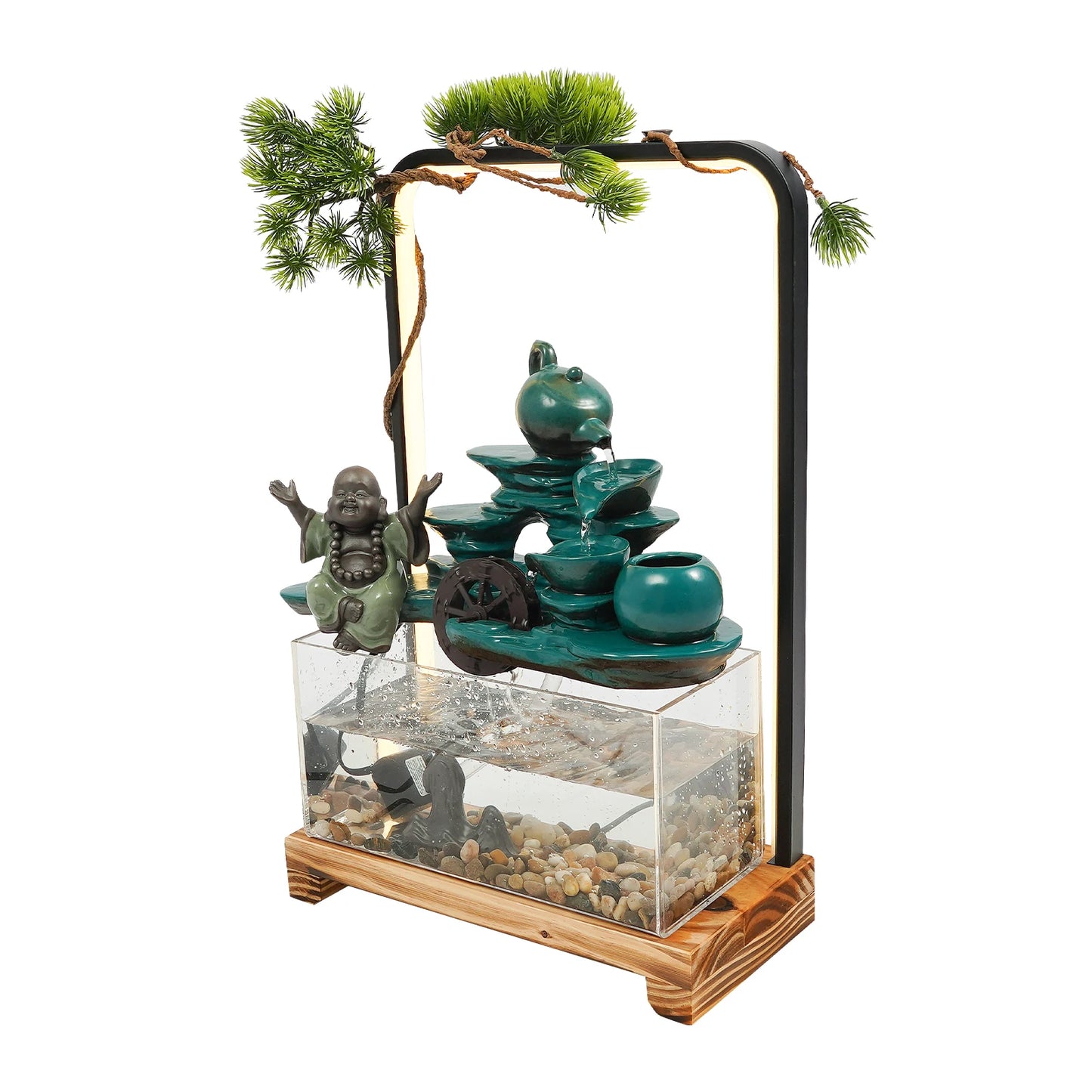 Ceramic Tabletop Water Fountains Decorations Green Welcome Pine Fish Tank Flowing Water Ornaments with LED Light