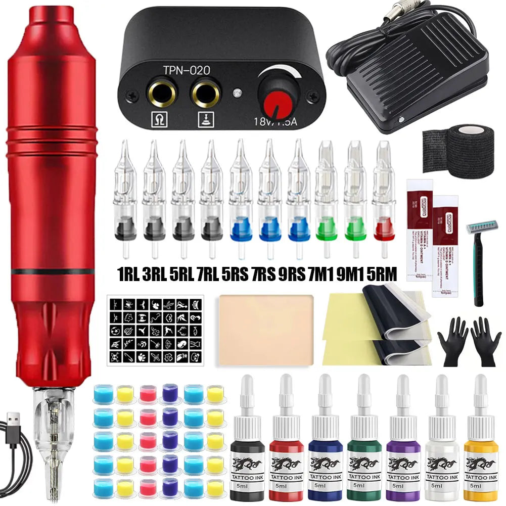 Professional Tattoo Machine Kit Set Rotary Tattoo Pen Kit Power Supply Needle Ink DC Interface Tattoo Gun Makeup Kit Complete