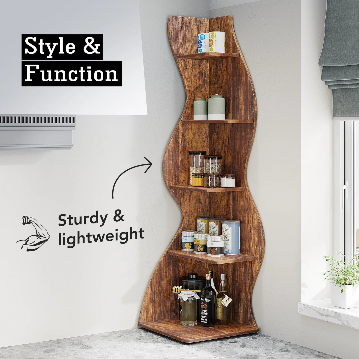 Tribesigns Corner Shelf, Modern 5-Tier Wall Corner Bookshelf, Stylish Corner Small Bookcase Storage Rack Plant Stand