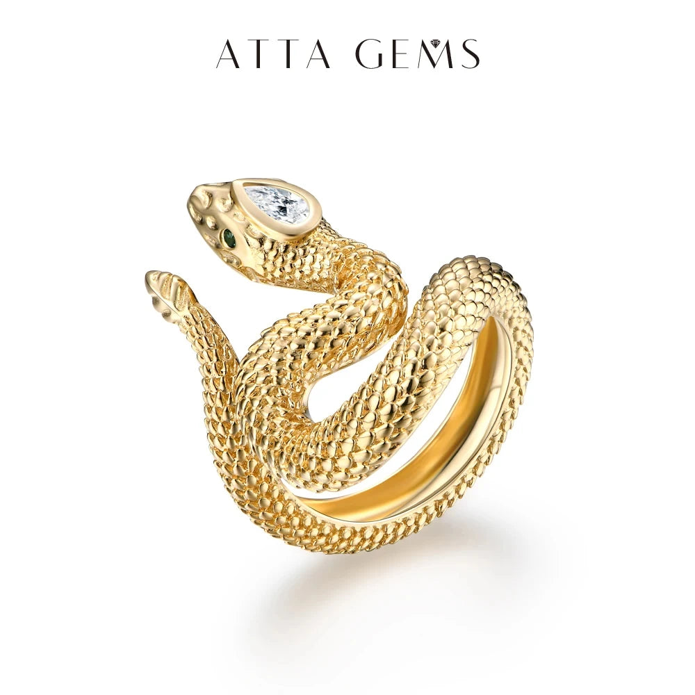 ATTAGEMS D VVS1 Color Pear Cut Trendy Moissanite Ring for Women Man Real 925 Sterling Silver Pure 14K Gold Snake Ring for Gift