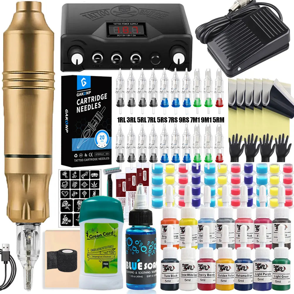 Professional Tattoo Machine Kit Set Rotary Tattoo Pen Kit Power Supply Needle Ink DC Interface Tattoo Gun Makeup Kit Complete
