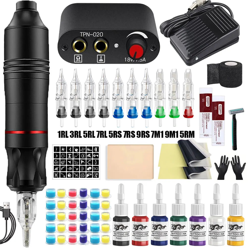 Professional Tattoo Machine Kit Set Rotary Tattoo Pen Kit Power Supply Needle Ink DC Interface Tattoo Gun Makeup Kit Complete