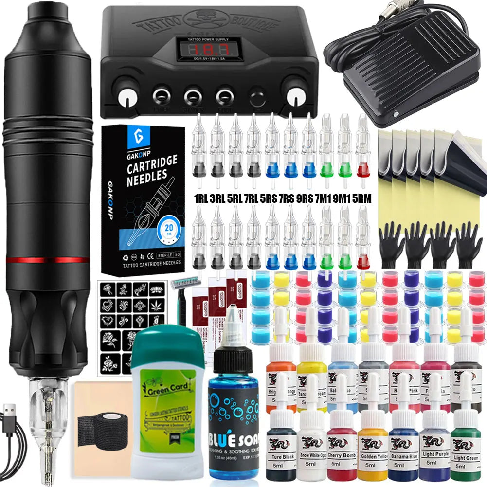 Professional Tattoo Machine Kit Set Rotary Tattoo Pen Kit Power Supply Needle Ink DC Interface Tattoo Gun Makeup Kit Complete