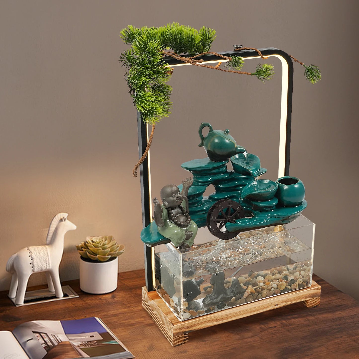 Ceramic Tabletop Water Fountains Decorations Green Welcome Pine Fish Tank Flowing Water Ornaments with LED Light