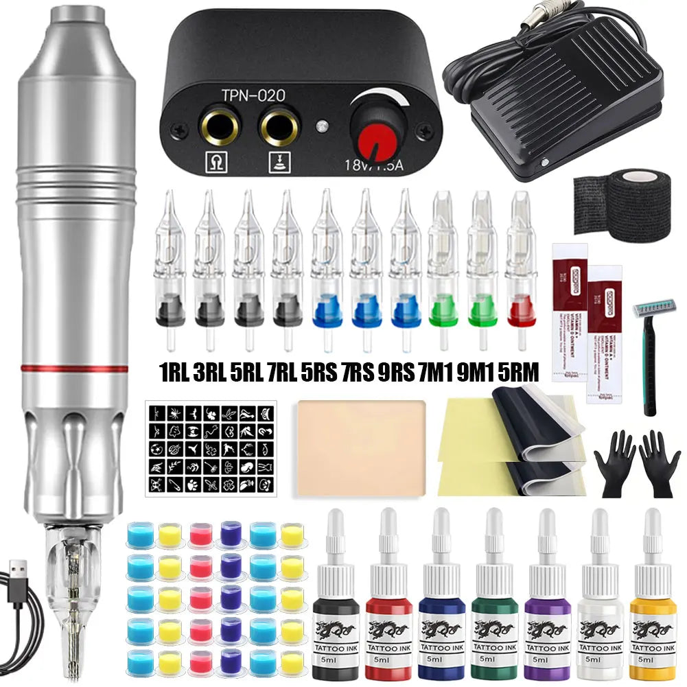 Professional Tattoo Machine Kit Set Rotary Tattoo Pen Kit Power Supply Needle Ink DC Interface Tattoo Gun Makeup Kit Complete