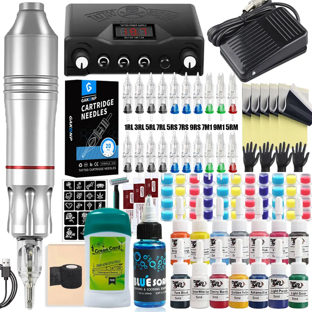 Professional Tattoo Machine Kit Set Rotary Tattoo Pen Kit Power Supply Needle Ink DC Interface Tattoo Gun Makeup Kit Complete