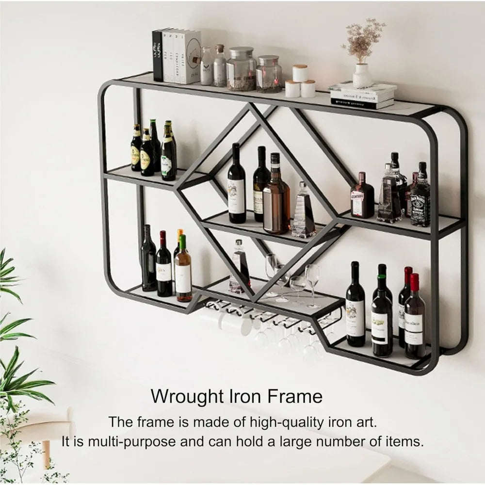 Wall-mounted Bar Shelves with Hanging Wine Glass Rack Holder, Mini Bar Liquor Cabinet, Bar Bottle Display Shelf