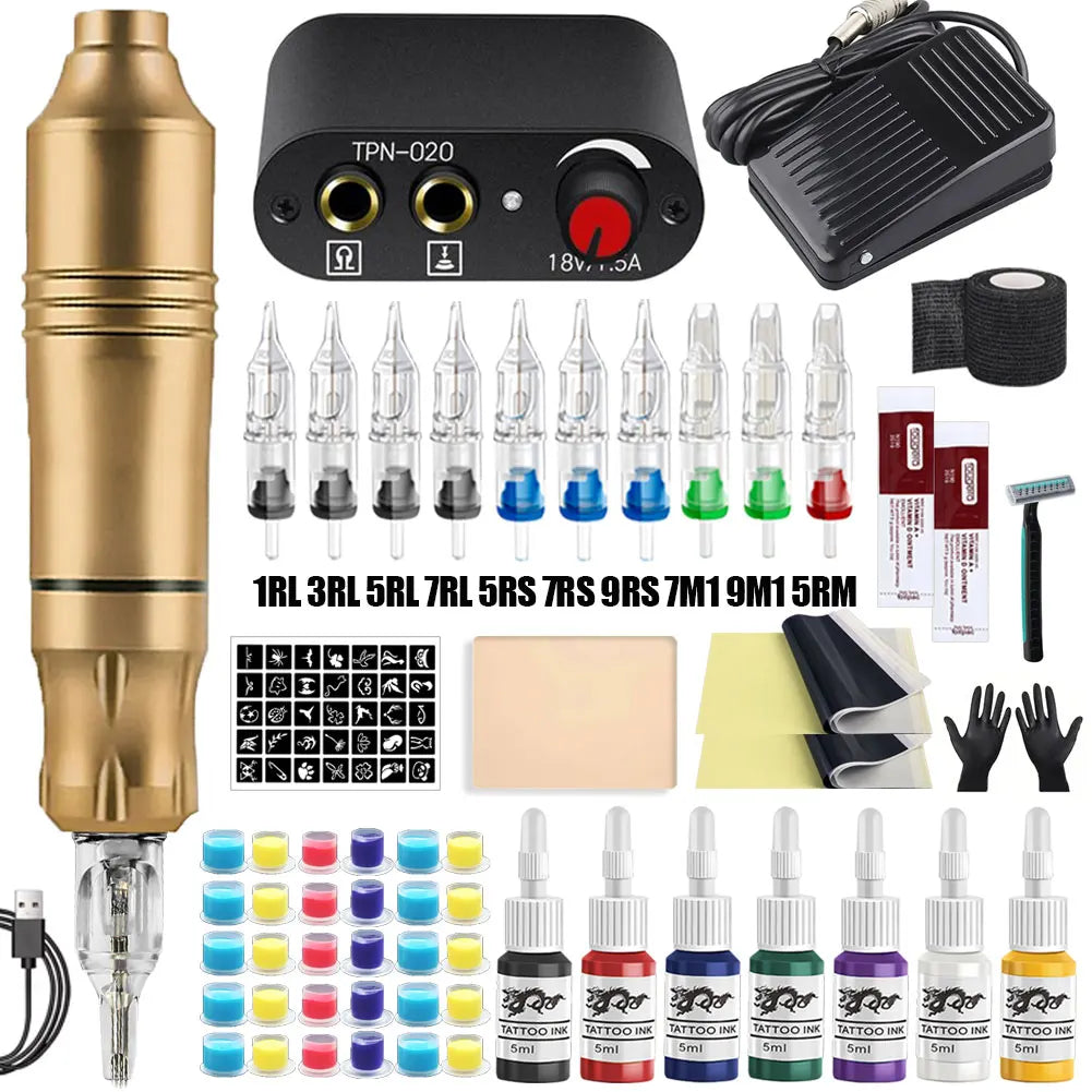 Professional Tattoo Machine Kit Set Rotary Tattoo Pen Kit Power Supply Needle Ink DC Interface Tattoo Gun Makeup Kit Complete
