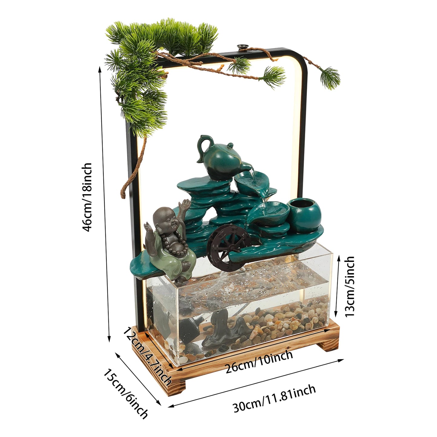 Ceramic Tabletop Water Fountains Decorations Green Welcome Pine Fish Tank Flowing Water Ornaments with LED Light