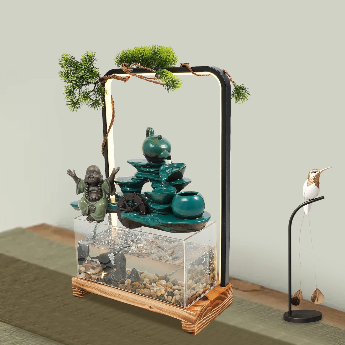 Ceramic Tabletop Water Fountains Decorations Green Welcome Pine Fish Tank Flowing Water Ornaments with LED Light