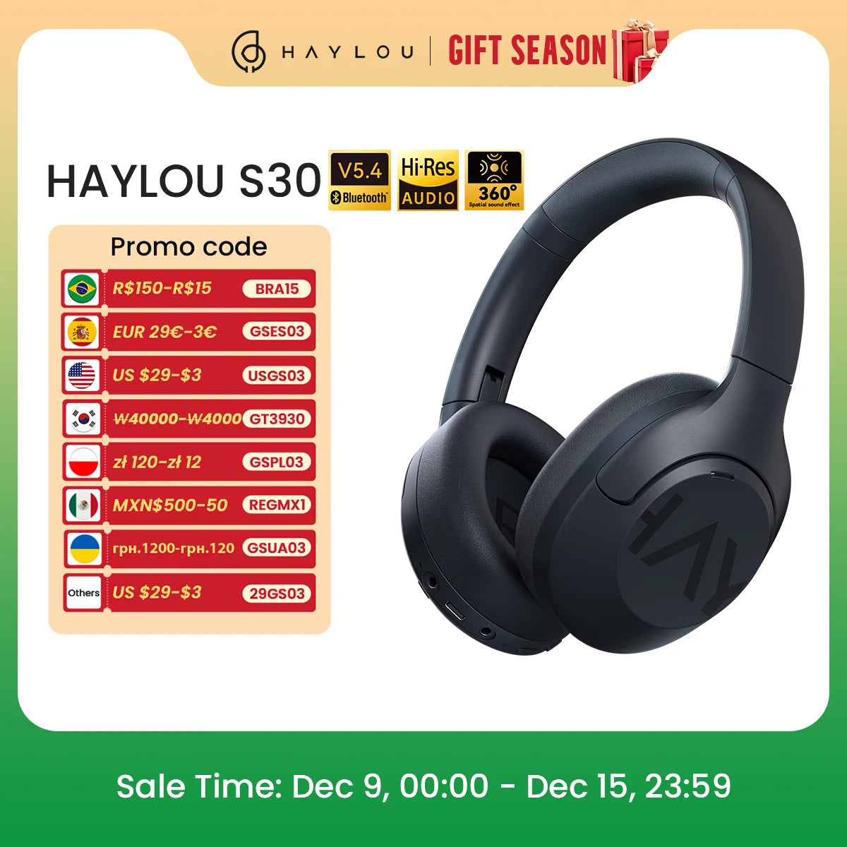 HAYLOU S30 Wireless Bluetooth 5.4 Headphones 43dB Adaptive Noise Cancelling Headsets 40mm Driver 80H Playtime Earphones