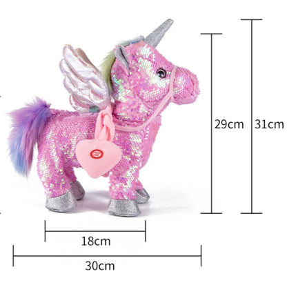 35cm Electric Walking Unicorn Plush Funny Toy Lead Rope Shake Hips Singing Music Stuffed Toy