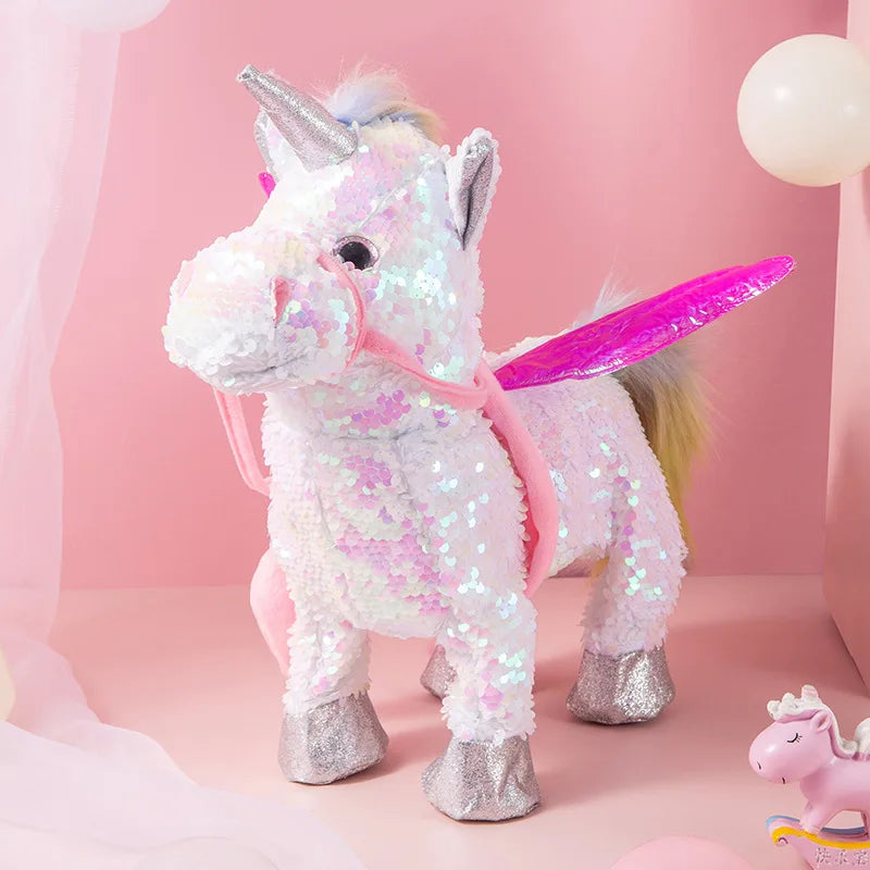 35cm Electric Walking Unicorn Plush Funny Toy Lead Rope Shake Hips Singing Music Stuffed Toy