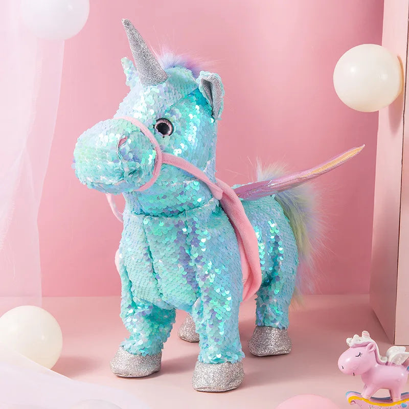 35cm Electric Walking Unicorn Plush Funny Toy Lead Rope Shake Hips Singing Music Stuffed Toy