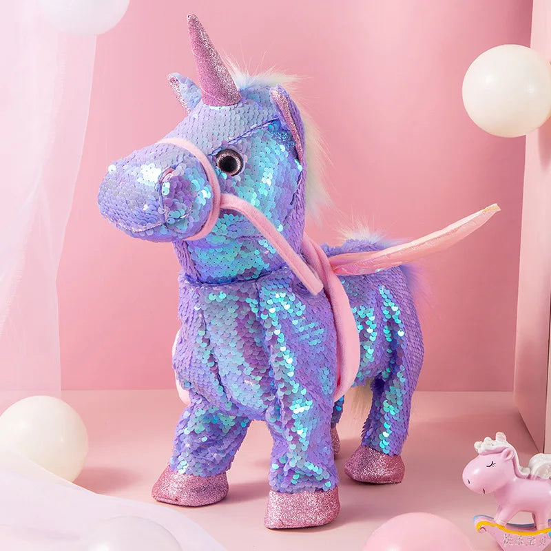 35cm Electric Walking Unicorn Plush Funny Toy Lead Rope Shake Hips Singing Music Stuffed Toy