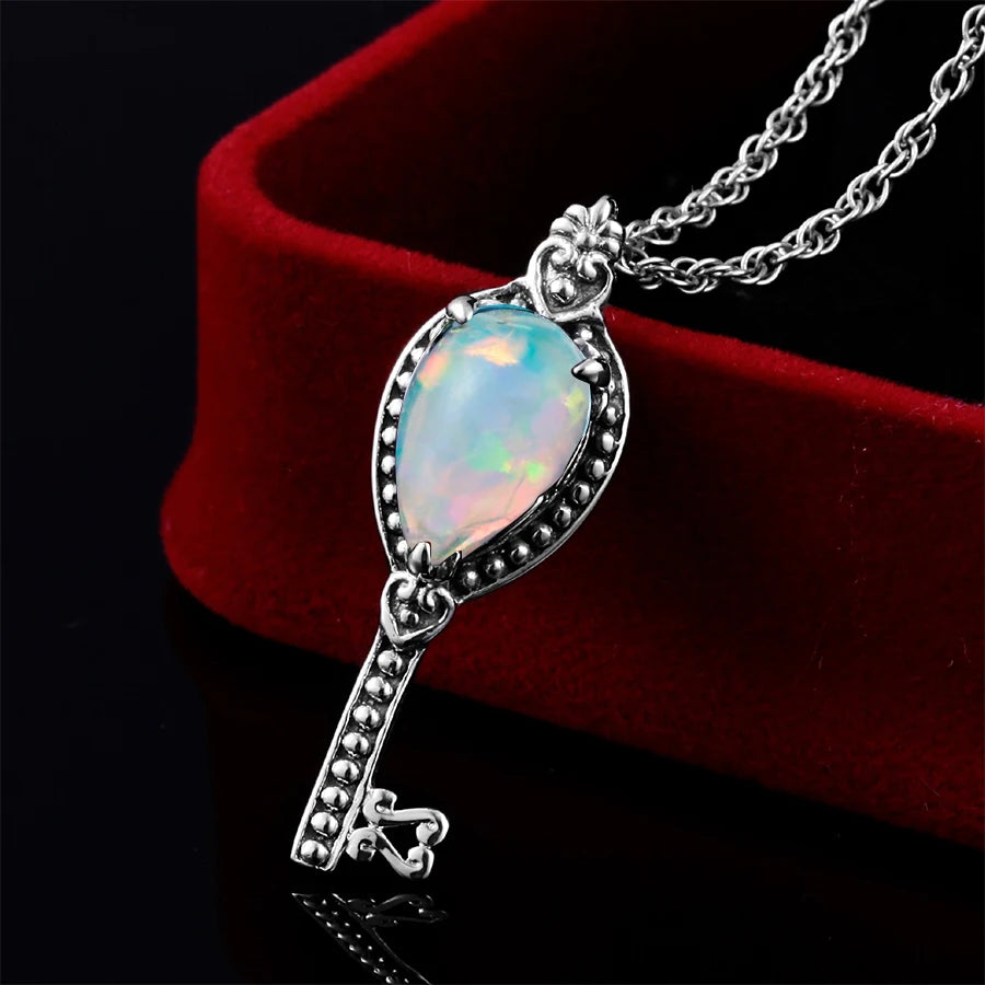 Szjinao Vintage Women SIlver Pendant Opal Real 925 Sterling Silver Gemstone Pendant Key Shape Handmade India Jewelry Christmas