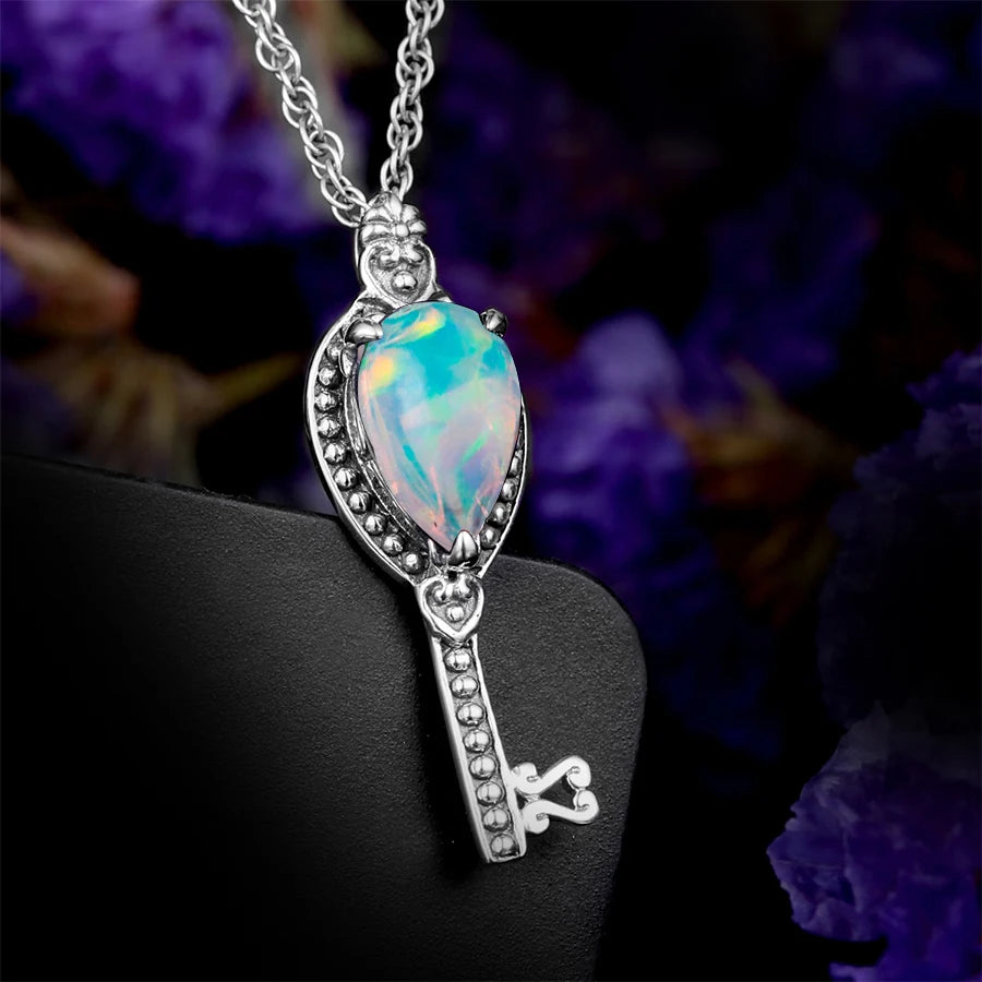 Szjinao Vintage Women SIlver Pendant Opal Real 925 Sterling Silver Gemstone Pendant Key Shape Handmade India Jewelry Christmas