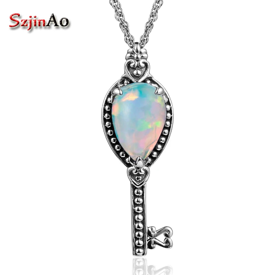 Szjinao Vintage Women SIlver Pendant Opal Real 925 Sterling Silver Gemstone Pendant Key Shape Handmade India Jewelry Christmas