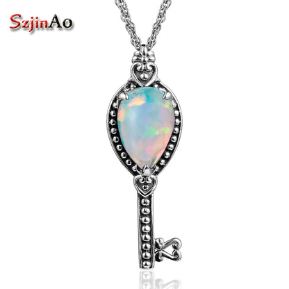 Szjinao Vintage Women SIlver Pendant Opal Real 925 Sterling Silver Gemstone Pendant Key Shape Handmade India Jewelry Christmas