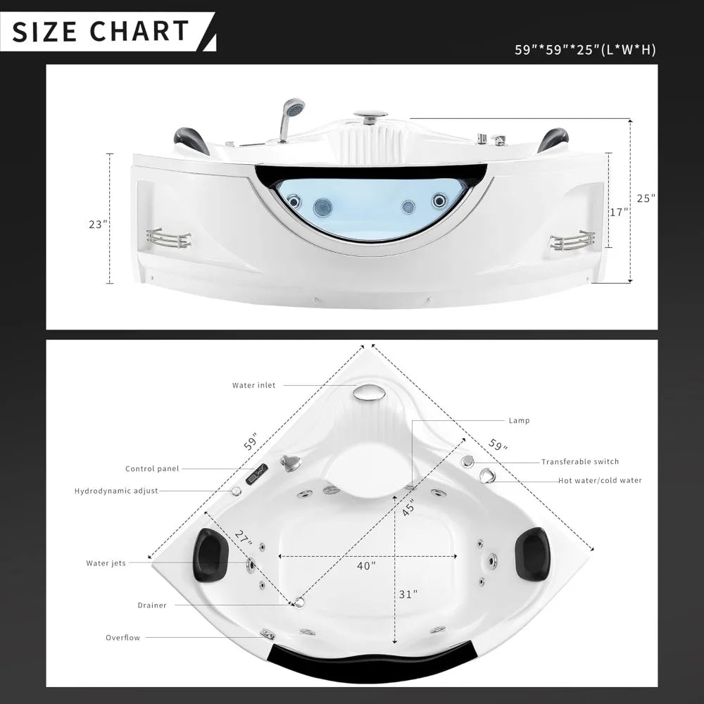 Corner Bathtub with Heater,2 Person 59" Jetted Tub with Light,Spa Hydromassage with Chromatherapy,Acrylic