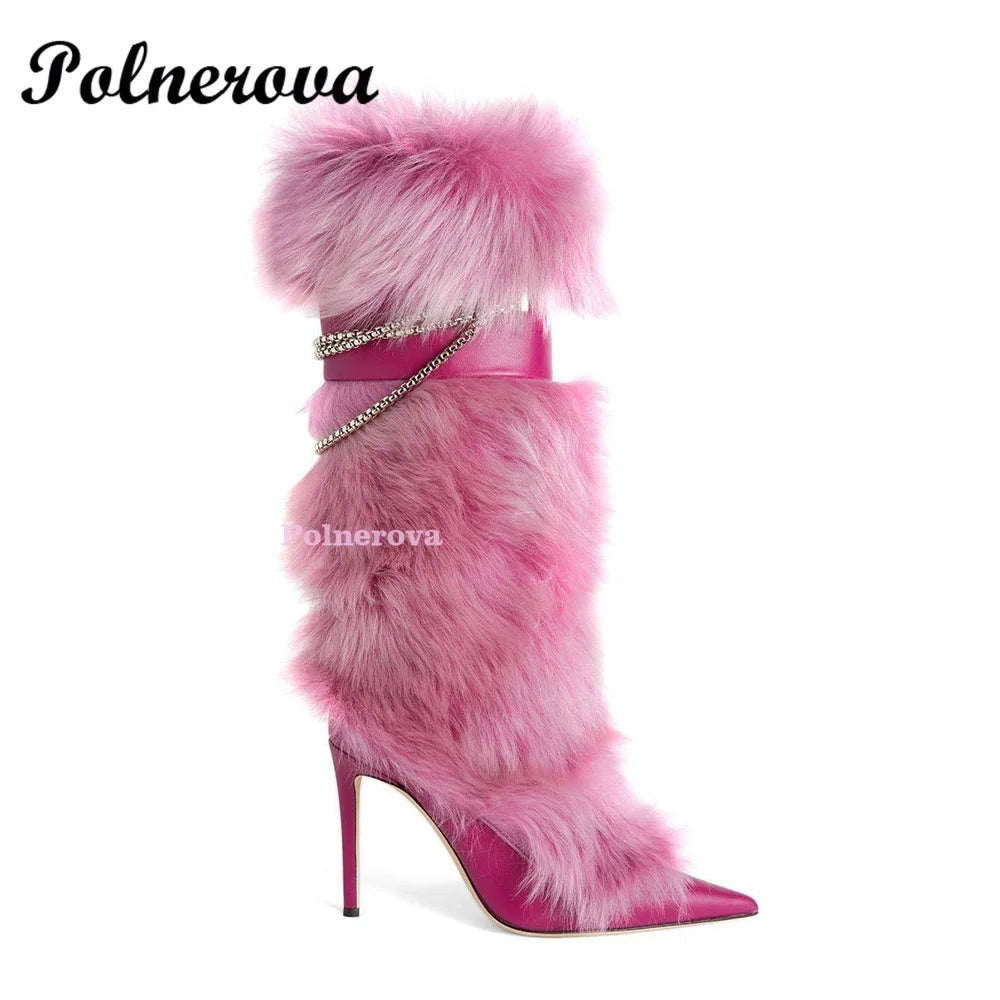 New Winter Fox Fur Chain High Boots for Women Black Pink High Heel Fur Boots Pointed Toe Stiletto