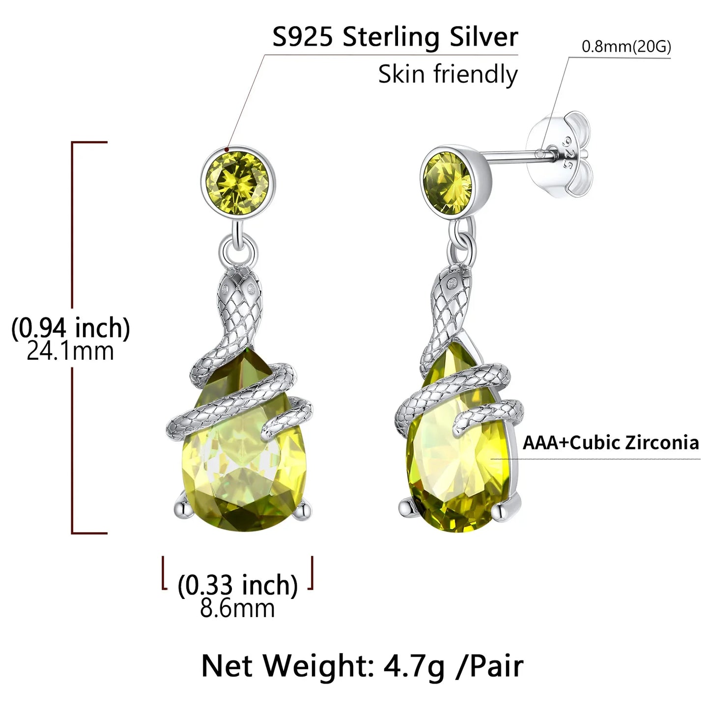 U7 925 Sterling Silver Snake Tear Drop Birthstone Earring for Women Twisting Coiled Snake Designe Anniversary Birthday Jewelry