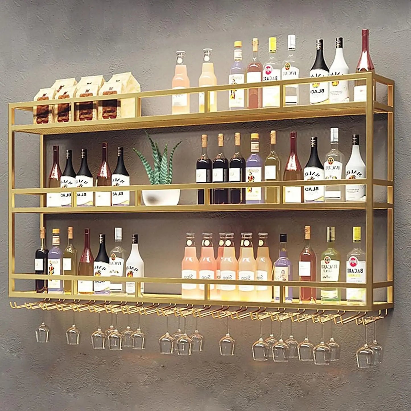 Large 47-inch wine rack with LED lights, wall-mounted bottle glass holder, 3-tier wine floating rack