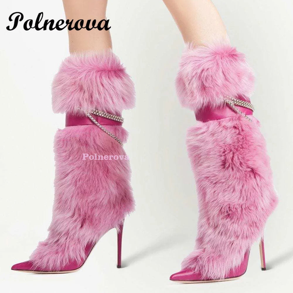 New Winter Fox Fur Chain High Boots for Women Black Pink High Heel Fur Boots Pointed Toe Stiletto