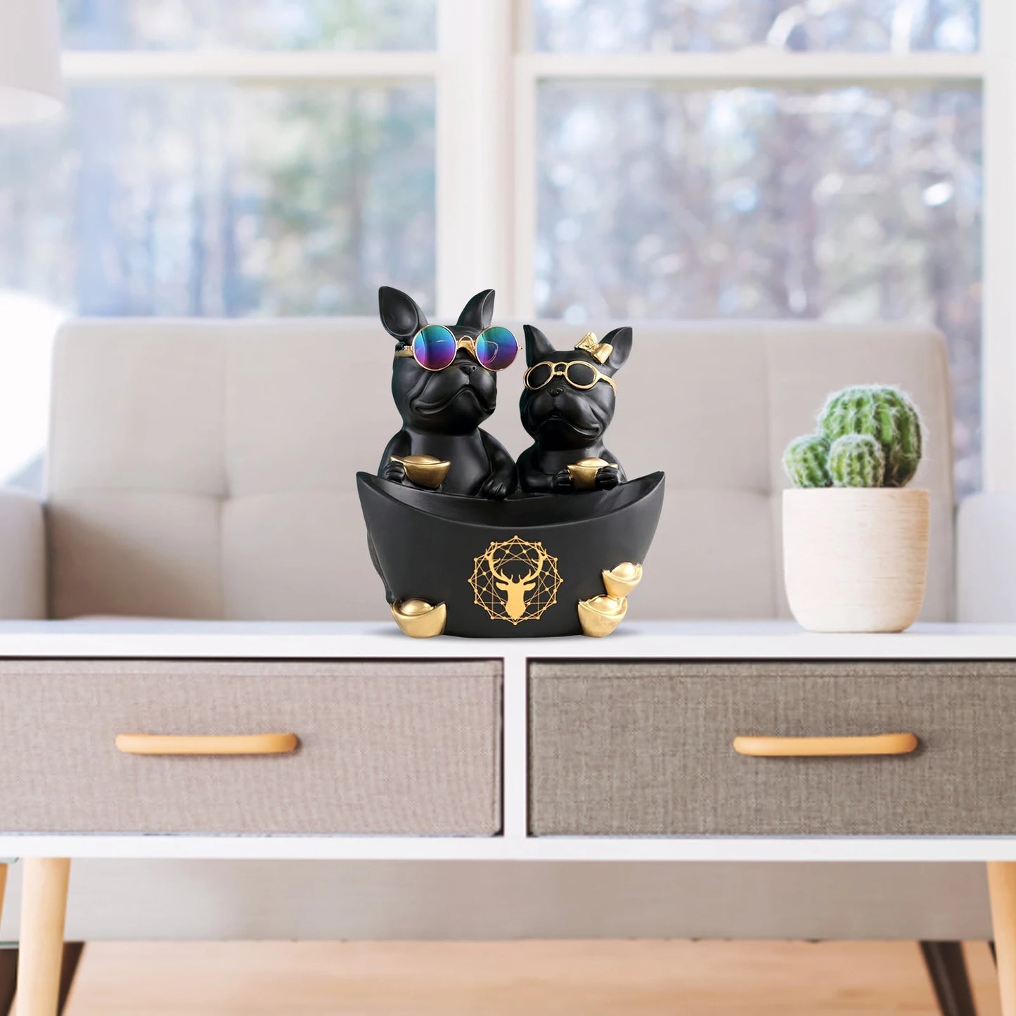 Resin Couple Dog Standing Puppy Storage Sculptures with Stainless Steel Disc Key Storage Ornament Simulated Safe for Living Room