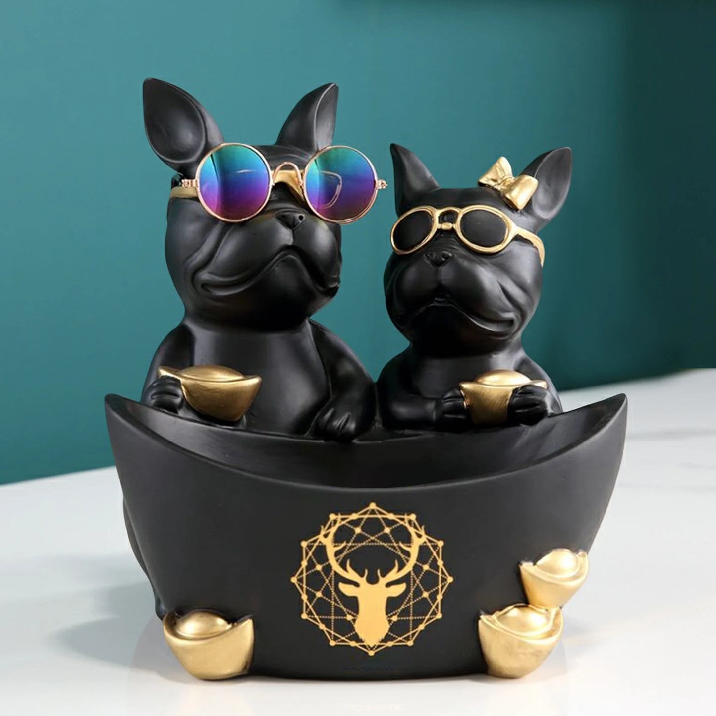 Resin Couple Dog Standing Puppy Storage Sculptures with Stainless Steel Disc Key Storage Ornament Simulated Safe for Living Room