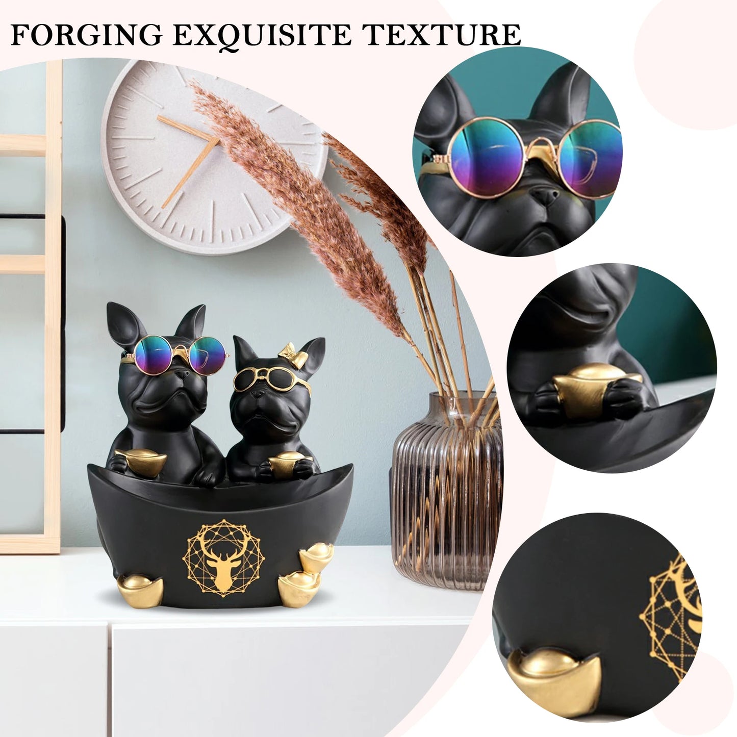 Resin Couple Dog Standing Puppy Storage Sculptures with Stainless Steel Disc Key Storage Ornament Simulated Safe for Living Room