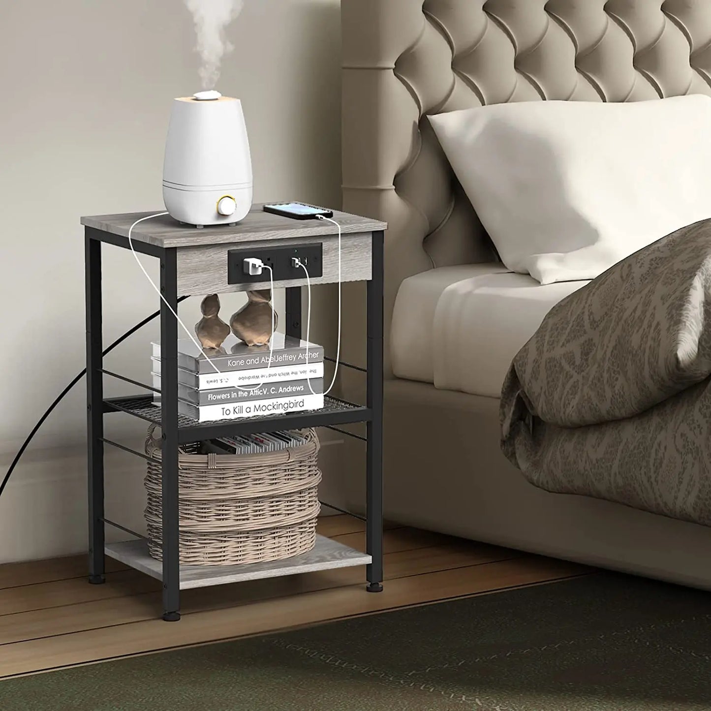 3-Tier Nightstands with Charging Station, End Side Table Bedside Table Furniture