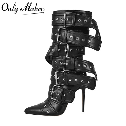 Onlymaker Women Pointed Toe Mid-Calf Boots Buckle Strap Thin High Heel Lady Zipper Stiletto Boots