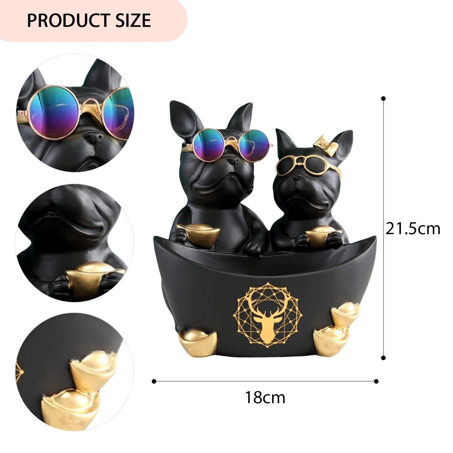 Resin Couple Dog Standing Puppy Storage Sculptures with Stainless Steel Disc Key Storage Ornament Simulated Safe for Living Room