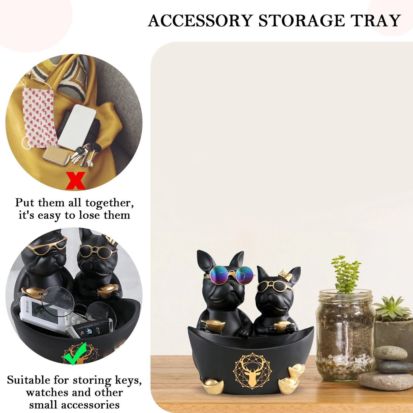 Resin Couple Dog Standing Puppy Storage Sculptures with Stainless Steel Disc Key Storage Ornament Simulated Safe for Living Room