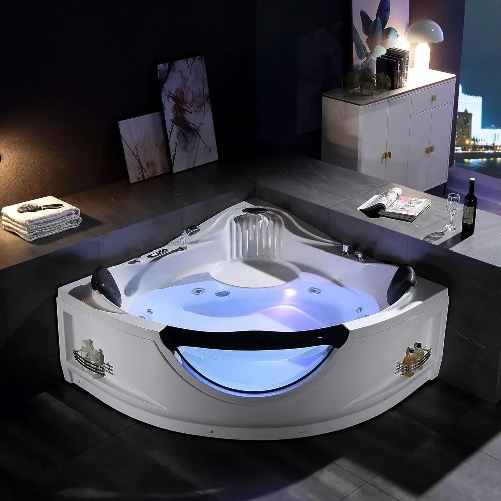 Corner Bathtub with Heater,2 Person 59" Jetted Tub with Light,Spa Hydromassage with Chromatherapy,Acrylic