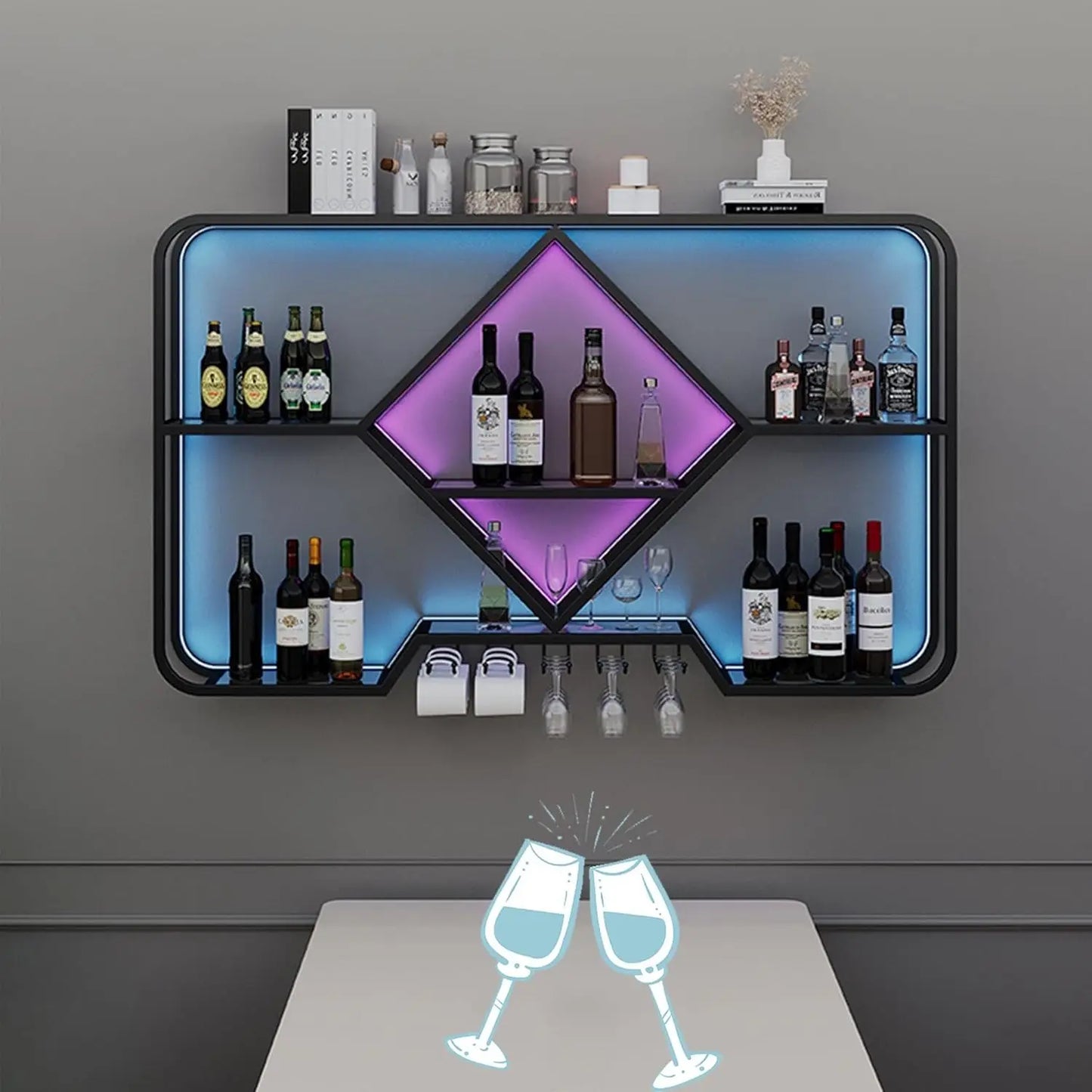 Wall-mounted Bar Shelves with Hanging Wine Glass Rack Holder, Mini Bar Liquor Cabinet, Bar Bottle Display Shelf