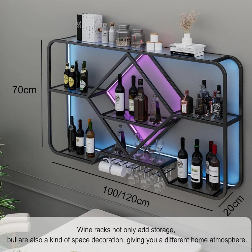 Wall-mounted Bar Shelves with Hanging Wine Glass Rack Holder, Mini Bar Liquor Cabinet, Bar Bottle Display Shelf