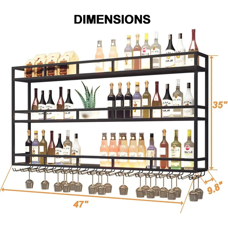 Large 47-inch wine rack with LED lights, wall-mounted bottle glass holder, 3-tier wine floating rack