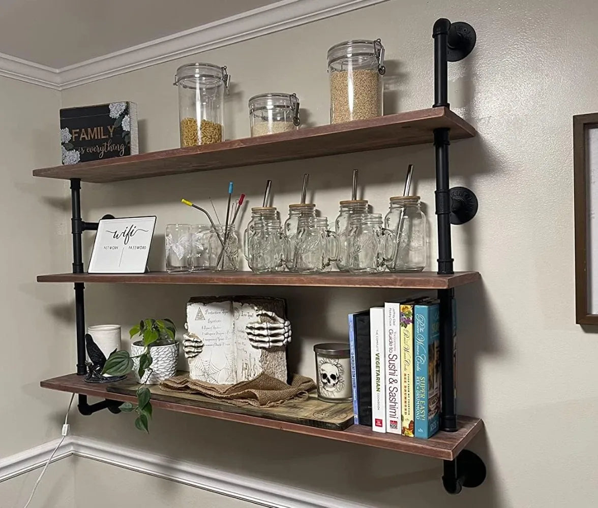 Floating Shelves,Wall Mounted Rustic Wood Shelf,Pipe Shelves,Industrial Pipe Shelf with Real Wood Planks