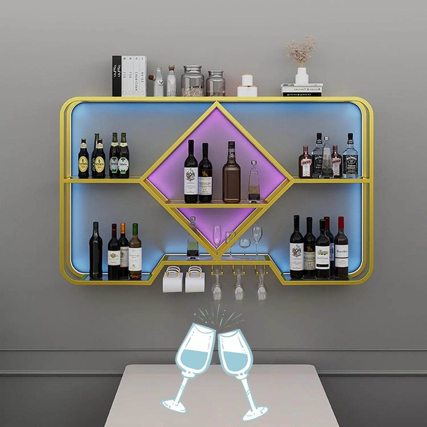 Wall-mounted Bar Shelves with Hanging Wine Glass Rack Holder, Mini Bar Liquor Cabinet, Bar Bottle Display Shelf