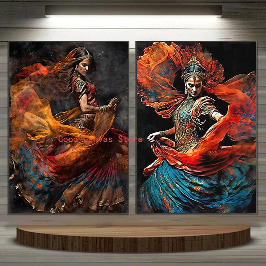 Beautiful Indian Woman Folk Dance Canvas Painting Posters and Prints Vintage Wall Art Pictures Gifts for Living Room Home Decor