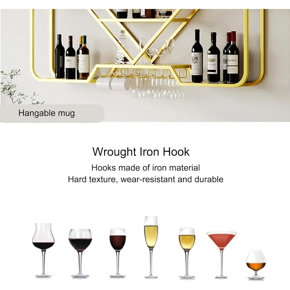 Wall-mounted Bar Shelves with Hanging Wine Glass Rack Holder, Mini Bar Liquor Cabinet, Bar Bottle Display Shelf