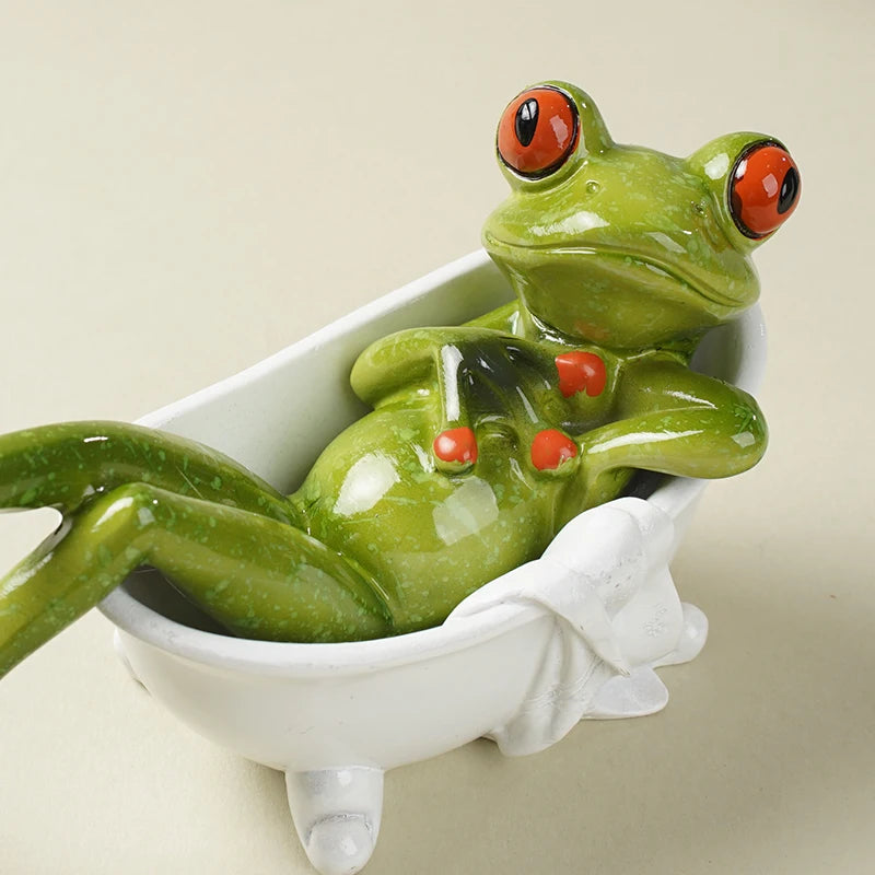 NORTHEUINS Resin Toilet Frog Bathtub Soaking Frog Figurines Cute Funny Animal Home Toilet