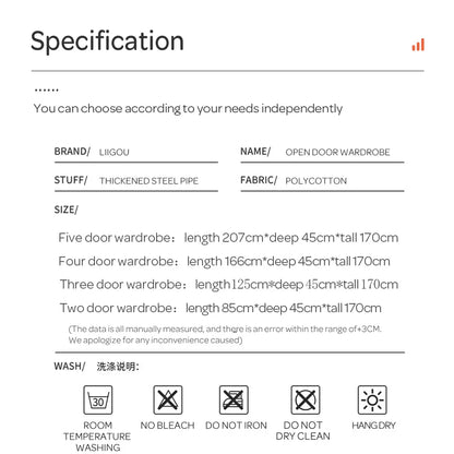 LEEGOHOME Wardrobes Closet 85/125/166/207x45x170cm Steel Pipe Support Storage