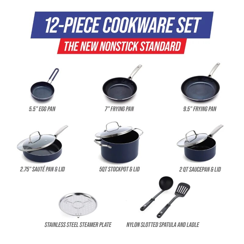 Blue Diamond 12-Piece Toxin-Free Ceramic Nonstick Pots and Pans Cookware Set, Dishwasher Safe non stick cooking pot set